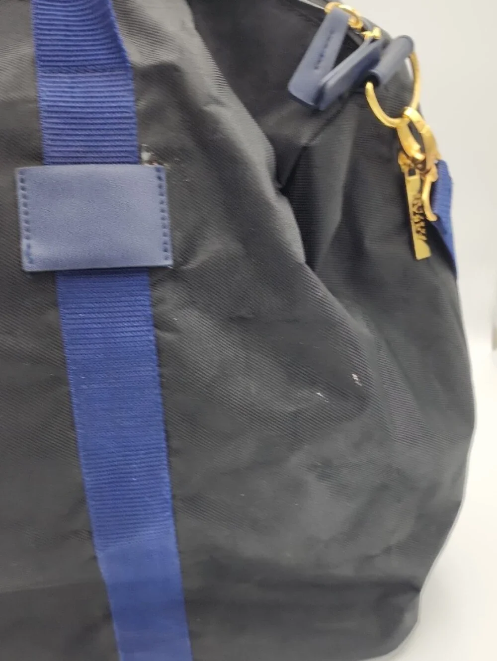 Versace Black and Blue Duffel Bag with Gold Logo Plate